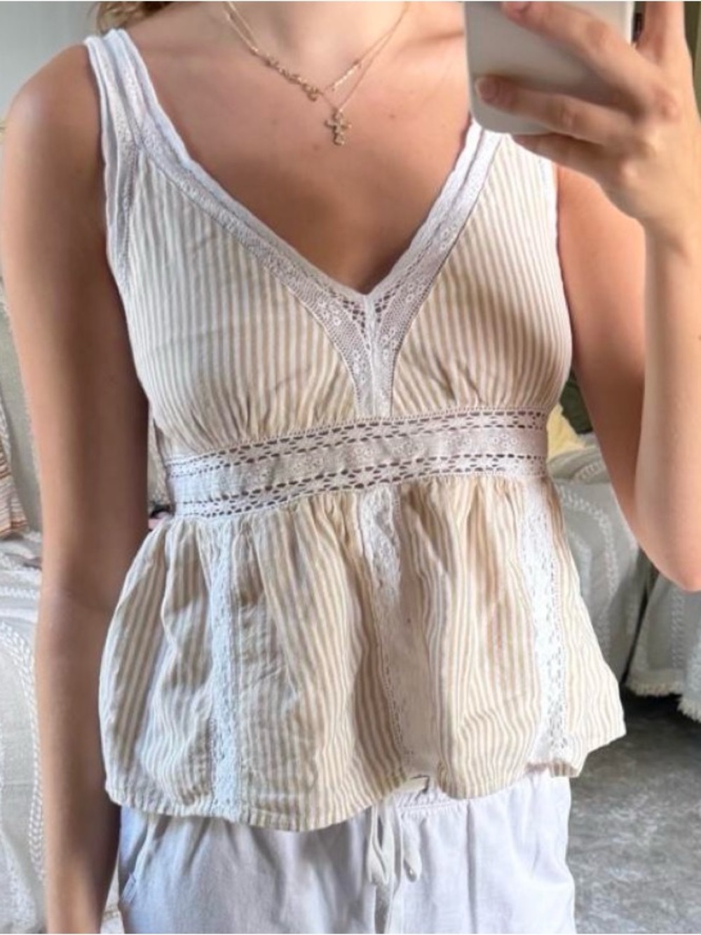 American Eagle Women’s Cream Striped Lace-Trim V-Neck Tank Top